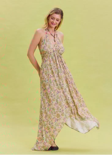 V Neck Backless Halter Neck Beige Floral Dress 4656